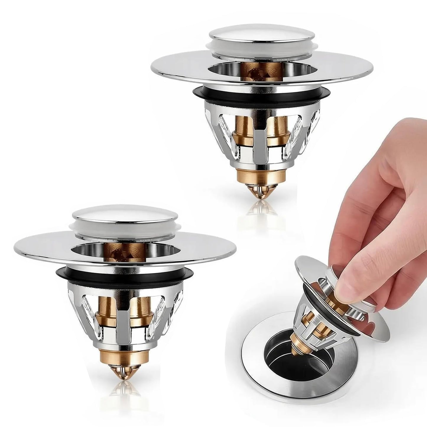 2 Pack Sink Drain Stopper, 34mm Universal Bathroom Sink Plug Replacement with Brass Pop-Up Core, Anti-Clog and Odor Prevention
