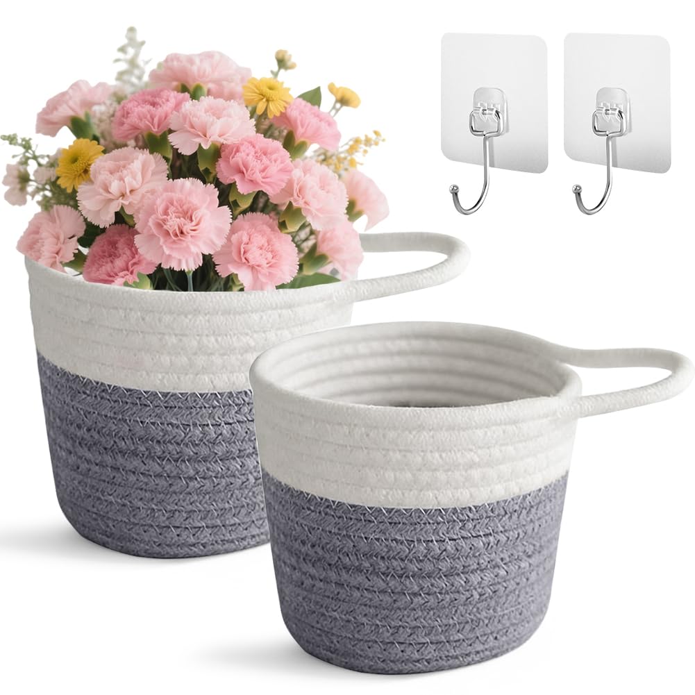 Cotton Hanging Baskets, Organiser, Storage Basket, Wall Baskets with Handle, 15 x 15 cm, Storage Baskets for Kitchen, Bathroom, Bedroom, Living Room