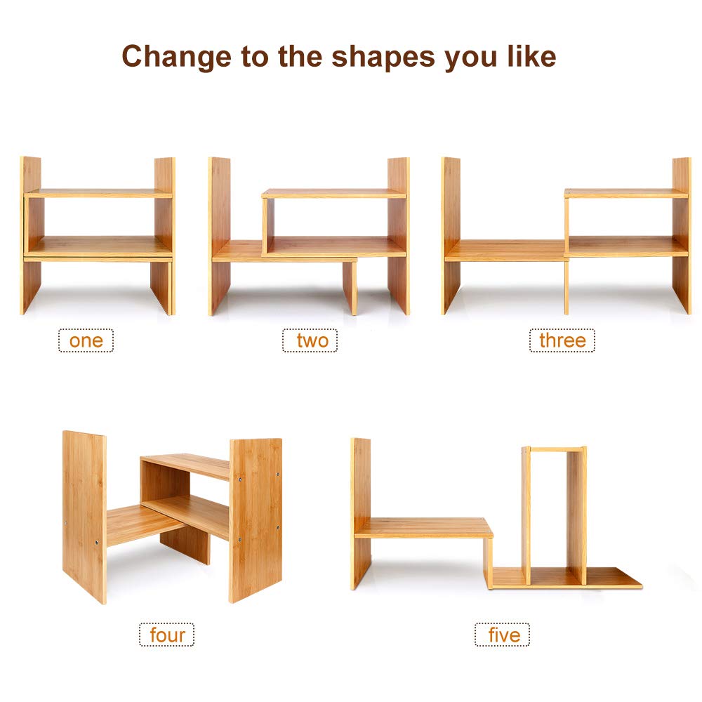 Bamboo Desk Storage Organizer, Desktop Display Shelf Rack, Multipurpose Bookshelf for Office & Home, Expandable Desktop Stand Bookshelf