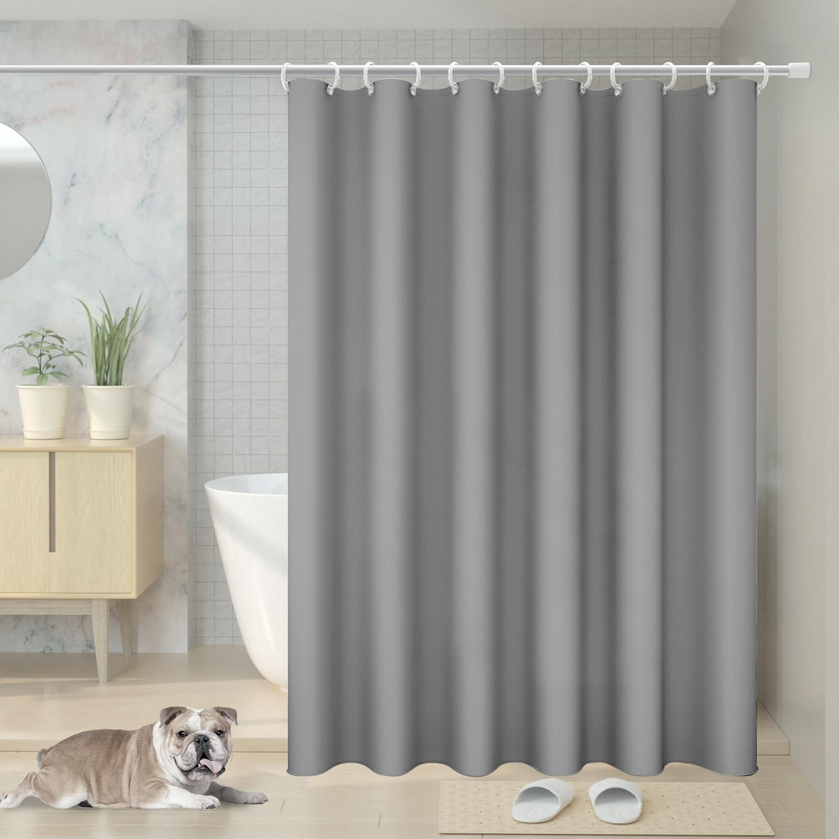 Vinabo Grey Shower Curtain, 180 x 200 cm Bathroom Curtains, Washable Shower Curtain with 12 Hooks, PEVA Fabric Curtain
