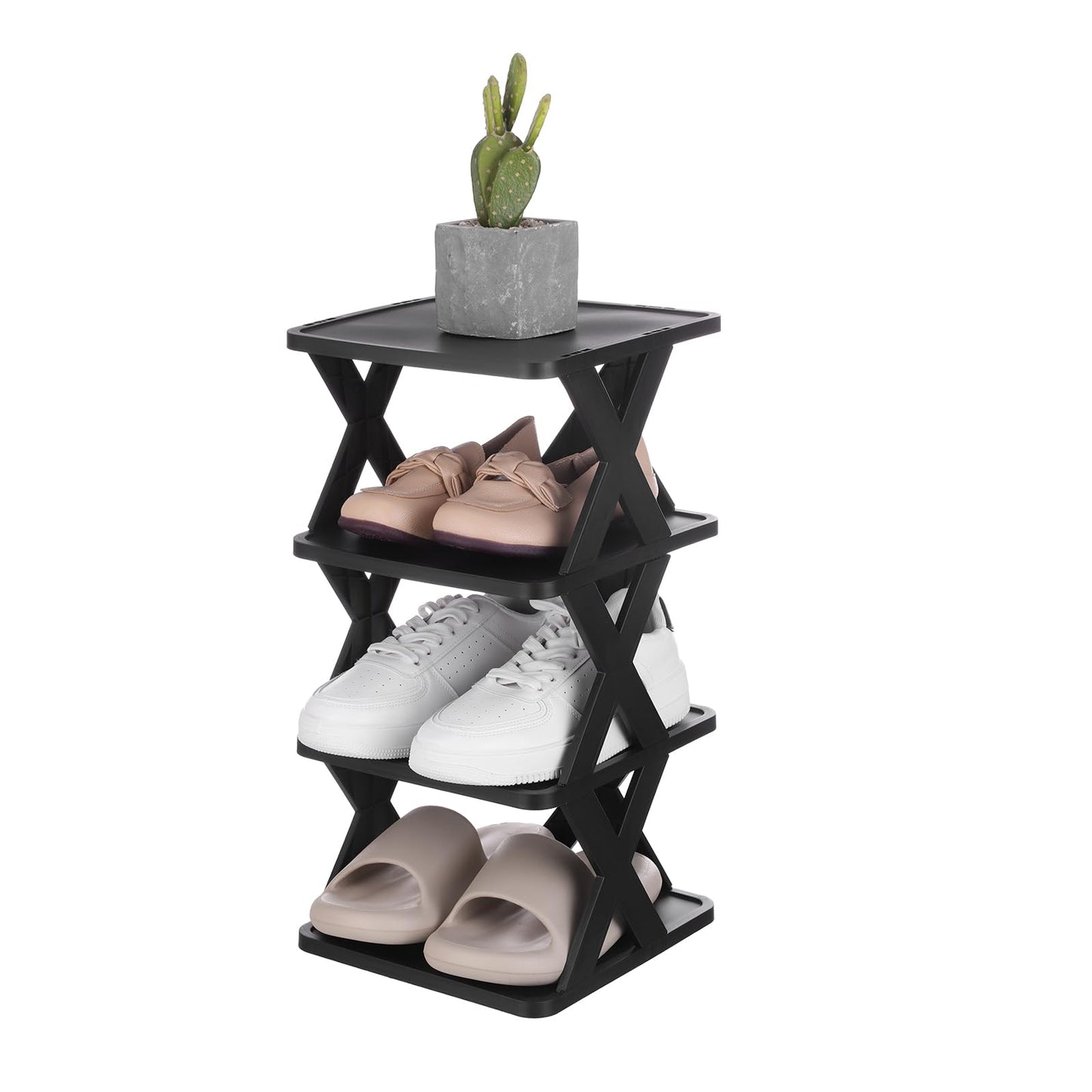sourcing map 4-Tier Plastic Shoe Rack, Vertical Shoe Rack Stackable Storage Organizer Folding Space-Saving Narrow Slot Shelf for Closet Livingroom