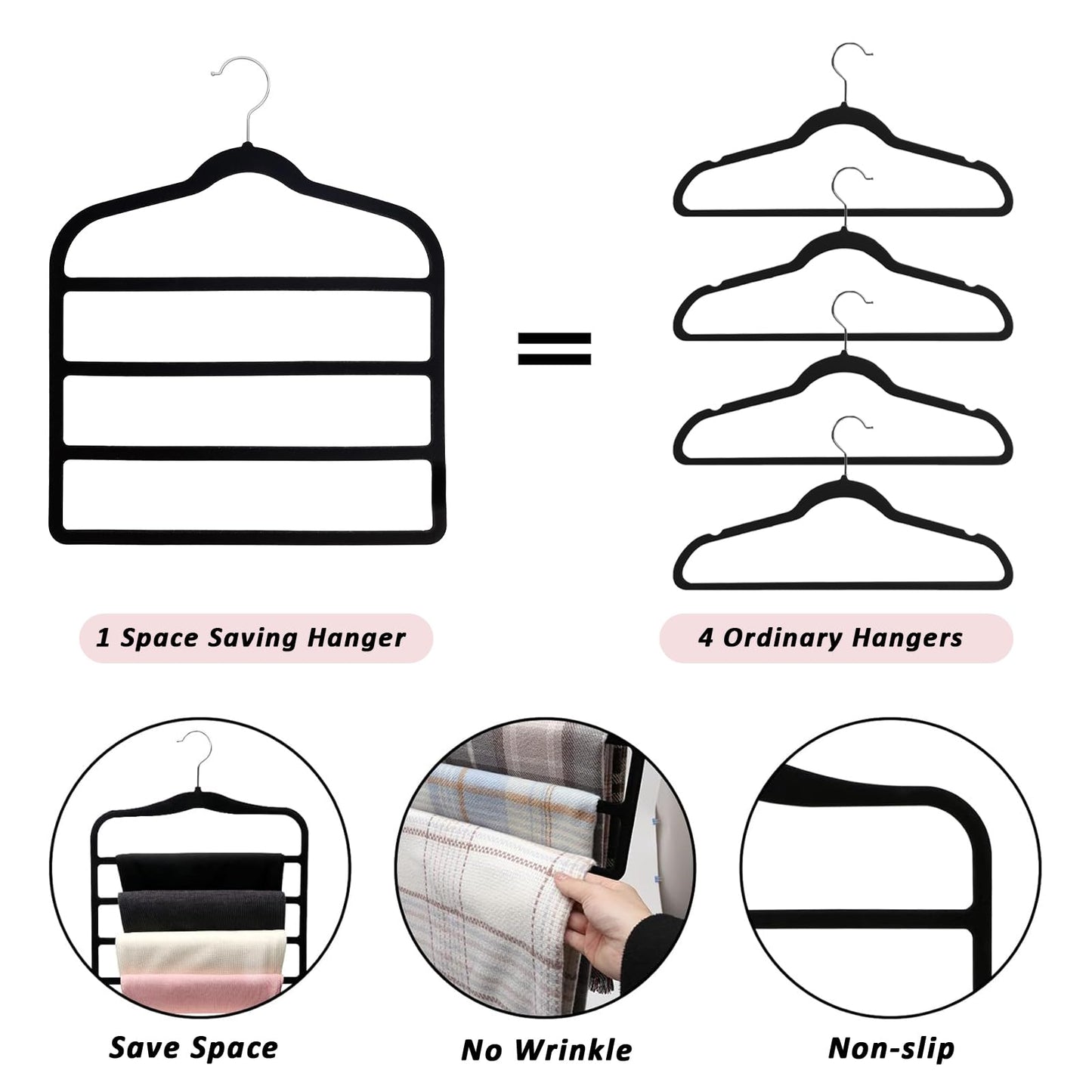 5 Pcs Velvet Trouser Hangers - 4-Layer Space Saving, Non Slip for Jeans, Trousers, Leggings, Tie, Scarf and Towel