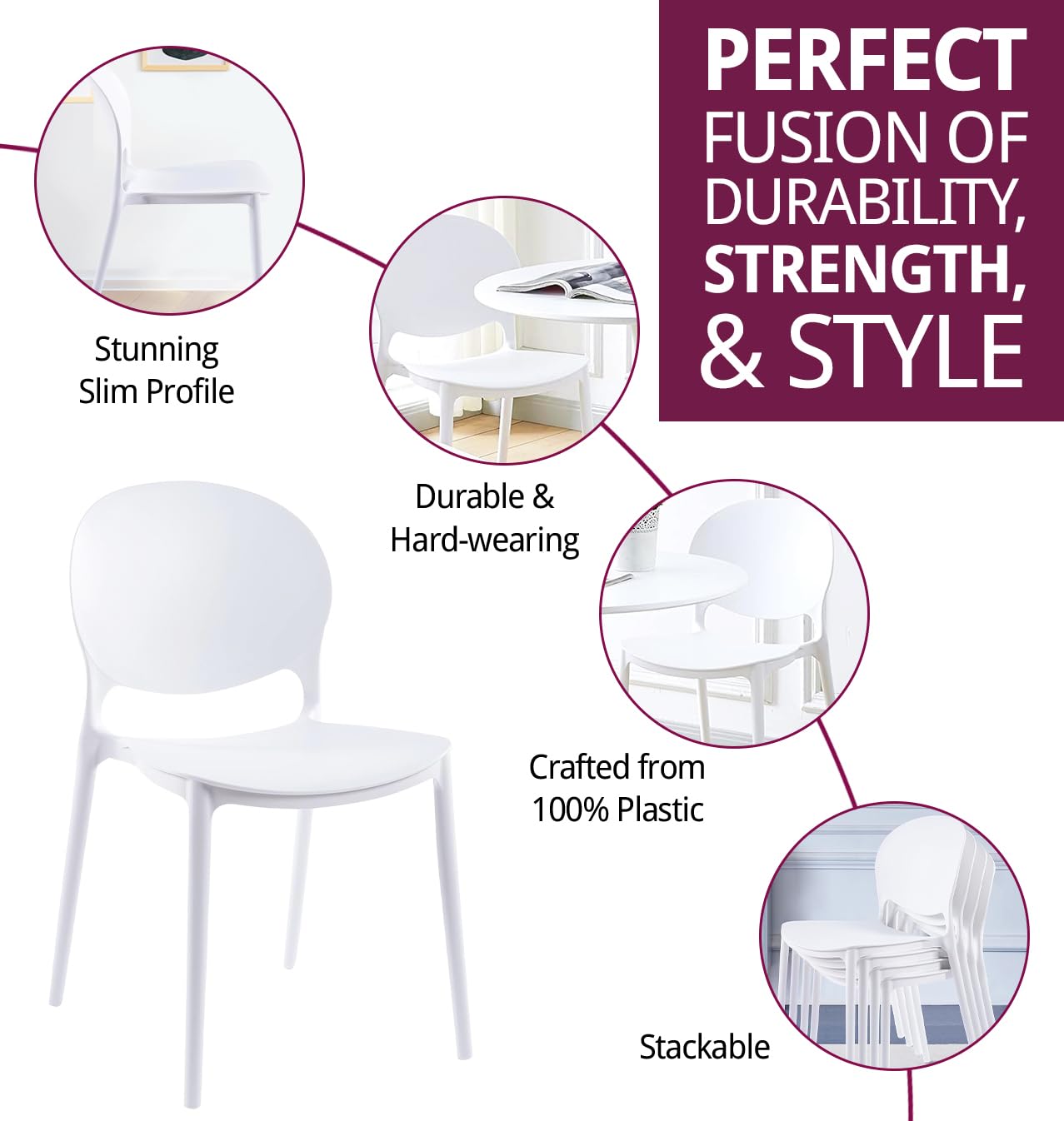 Hallowood Furniture Stoker Plastic Stackable Dining Chairs Set of 4, White