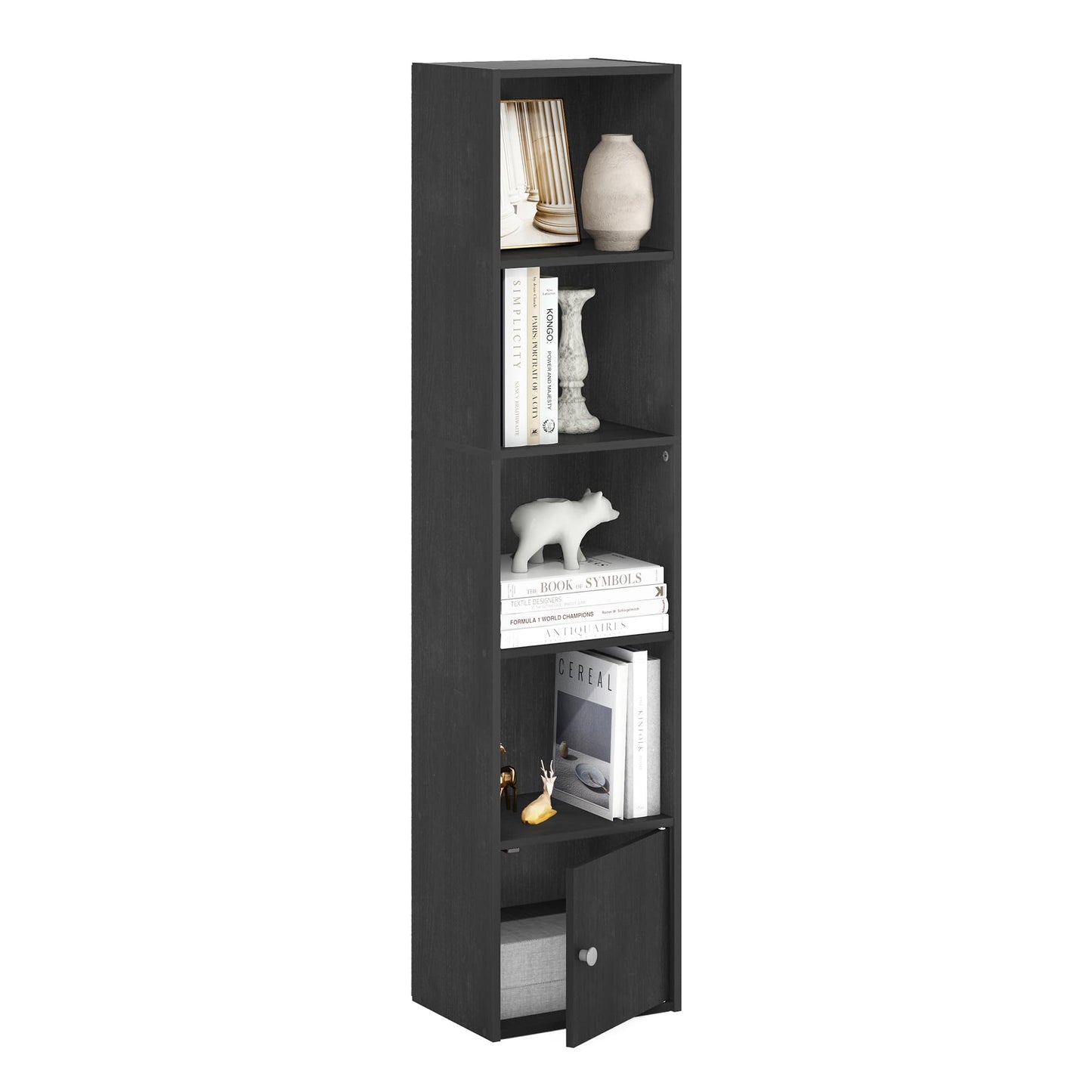 Furinno LUDER Book Shelf, 5-Tier Modern Bookshelf, Bookcase with 1 Door Storage Cabinet, 9.3 x 12 x 52, for Living Room, Bedroom, Home Office