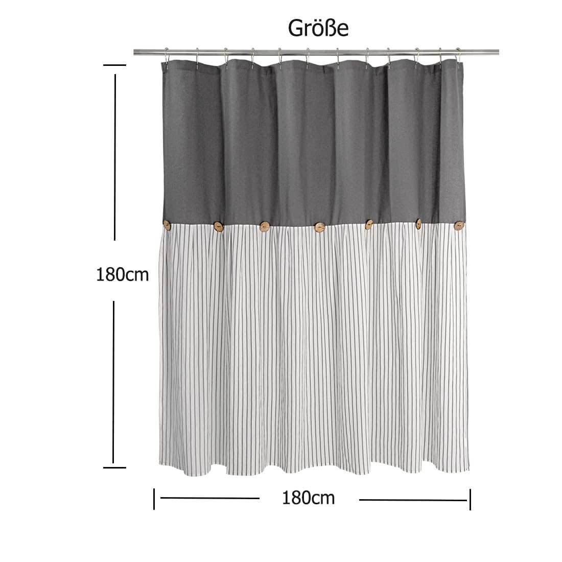 DOSLY IDÉES Linen-Cotton Shower Curtain, Country Style, Grey Striped, Buttons, Woven Fabric, Pleated, 180 x 180 cm