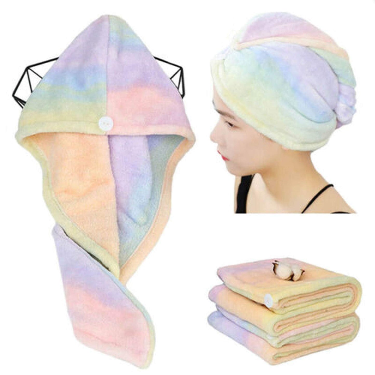 QKTYB 2 Pack Microfiber Hair Towel Wrap Rainbow Quick Dry Super Absorbent Twist Turban Drying Hair Caps with Button Dry Hair Hat for Women Girl,65 x