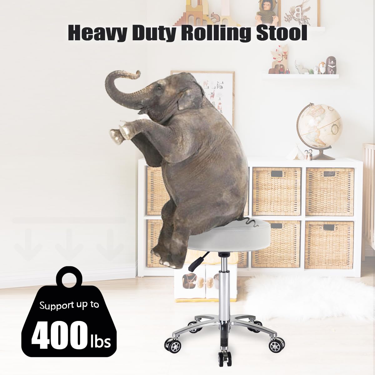 Antlu Massage Stool Chair on Wheels for Beauty Kitchen Salon Home Office, Adjustable High Rolling Swivel Stool (White)