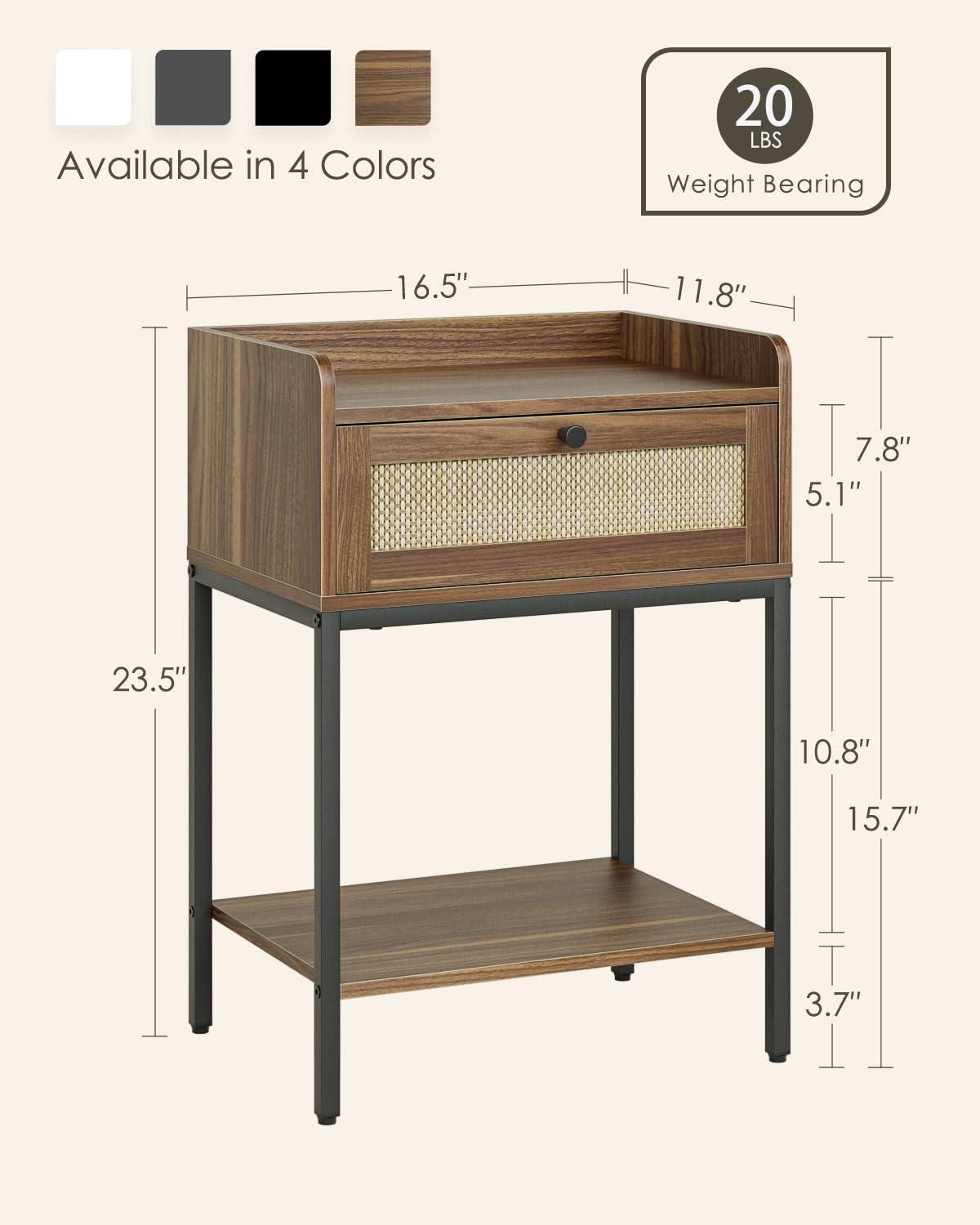 HEYZOEY Rattan Bedside Table, Walnut Modern Bedside Table with Storage Drawer and Shelf, Small Side Table for Bedroom, Living Room, Walnut Rattan