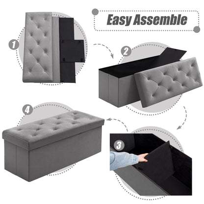 BRIAN & DANY Folding Storage Ottoman Bench, Velvet Large Ottoman Storage Box for Living Room and Bedroom 110 x 40 x 40 cm - Gray