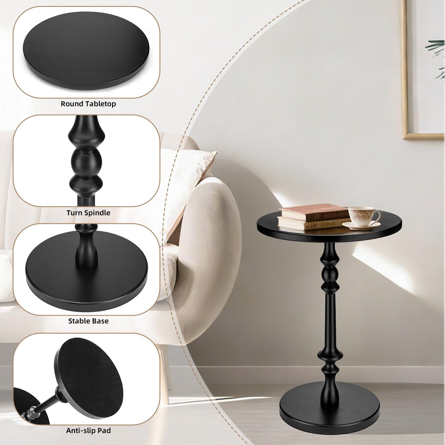Lampaggio Solid Wood Round Side Table, 15.75" Small Drink Table with Non-Slip Pedestal Base