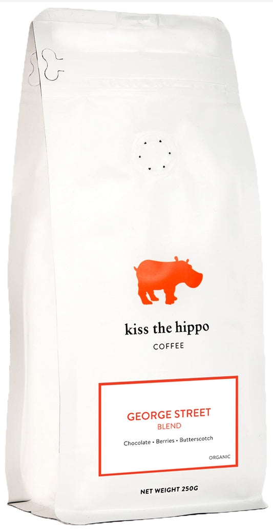 Kiss the Hippo - George Street Blend Coffee| Organic Whole Beans | Carbon-Negative | Cafetiere, Filter | Suitable For Milk Coffee | Notes of Caramel,