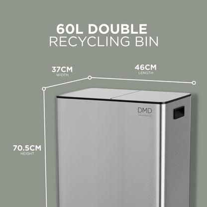DMD | 60L Dual Stainless Steel Rubbish Bin, 2 x 30L Removable Recycling Bins | 3L Compost Bin Included, Soft Closure, Easy Clean, Metal Pedals,