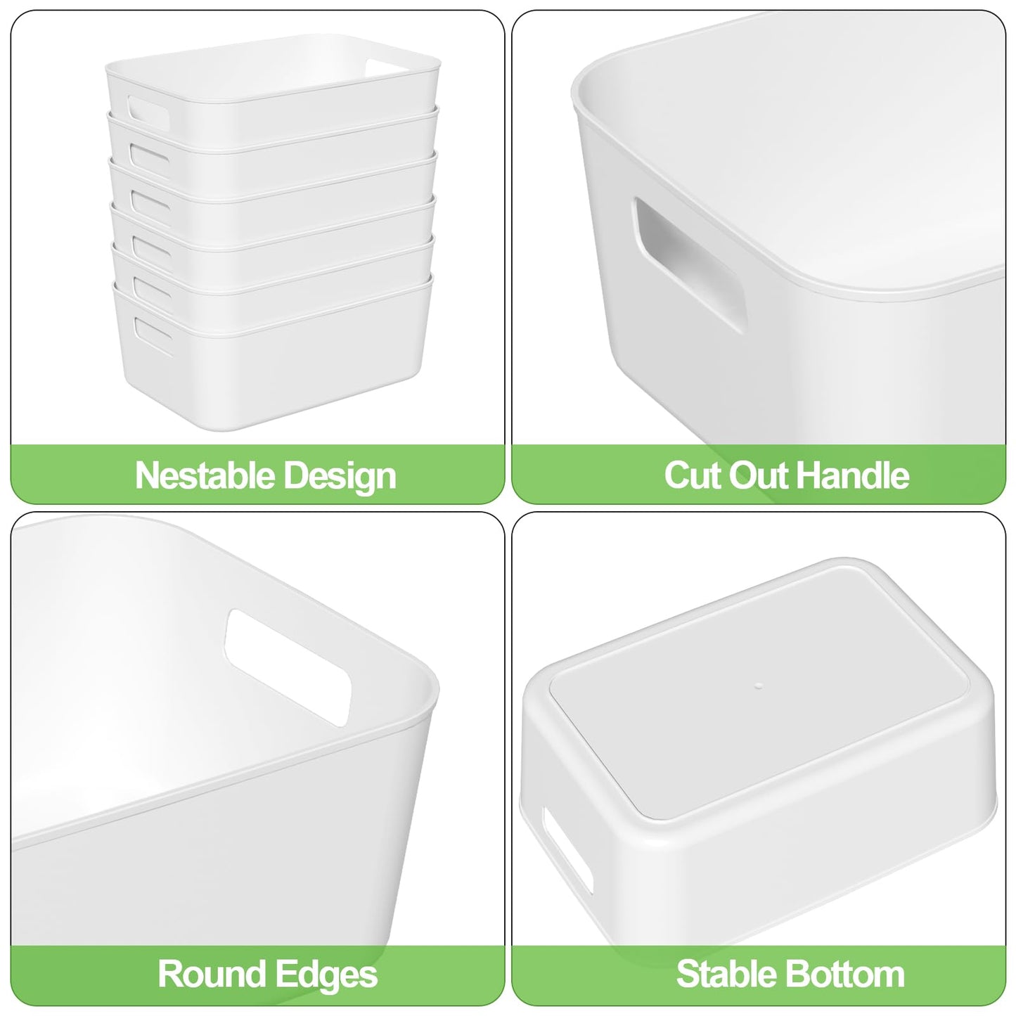 Loiycg 6 Packs Plastic Storage Baskets with Handles, White Storage Boxes