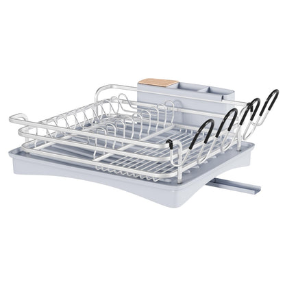 BRIAN & DANY Aluminum Dish Drying Rack, Dish Drainer with Removable Cutlery Holder & Cup Holder, Unique 360 Swivel Spout Drain Board, Grey