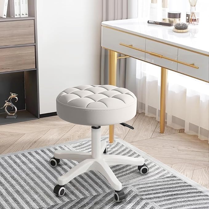 HNJZX Small Chair Round Rolling Stool with Wheels PU Leather Height Adjustable Swivel Stool Drafting Work Tatto Massage SPA Salon Stools Home Office