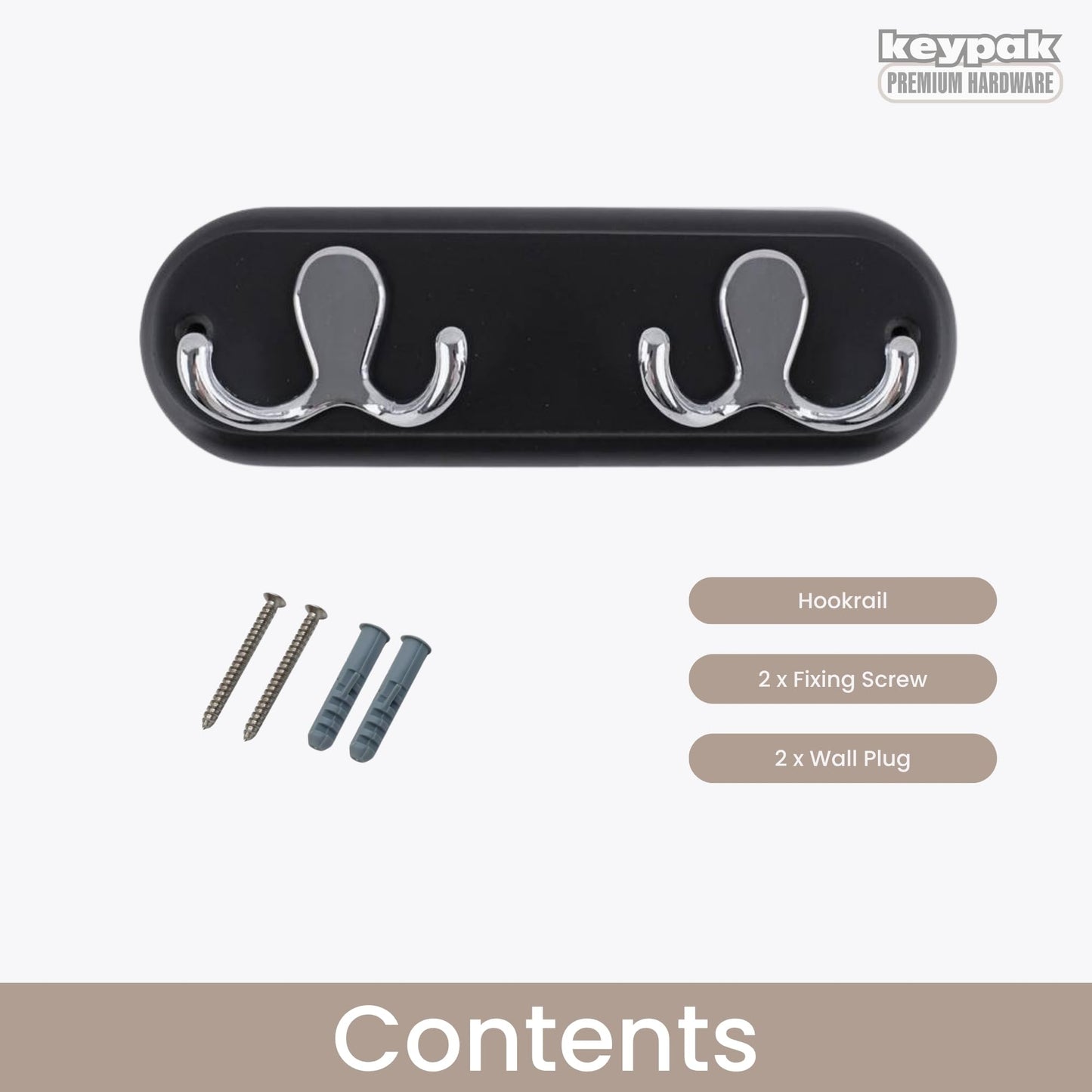 keypak Wall Mounted Robe Coat Rack with 2 Black Double Hooks