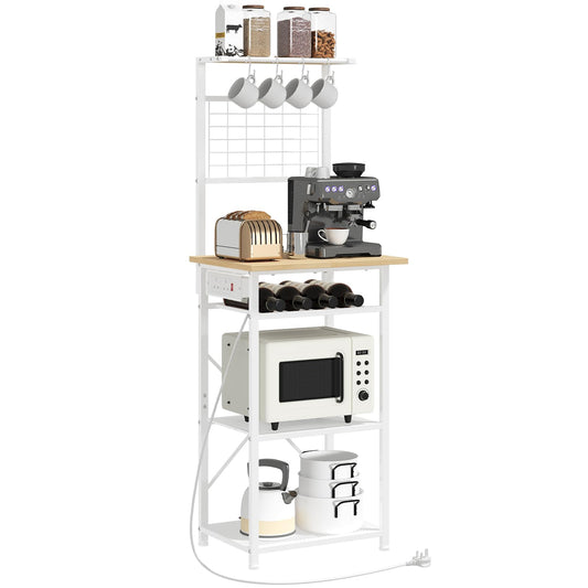 MAHANCRIS Bakers Rack, Microwave Stand with Power Outlet, Coffee Bar Station with Wine Rack and Hooks, Kitchen Storage Shelf