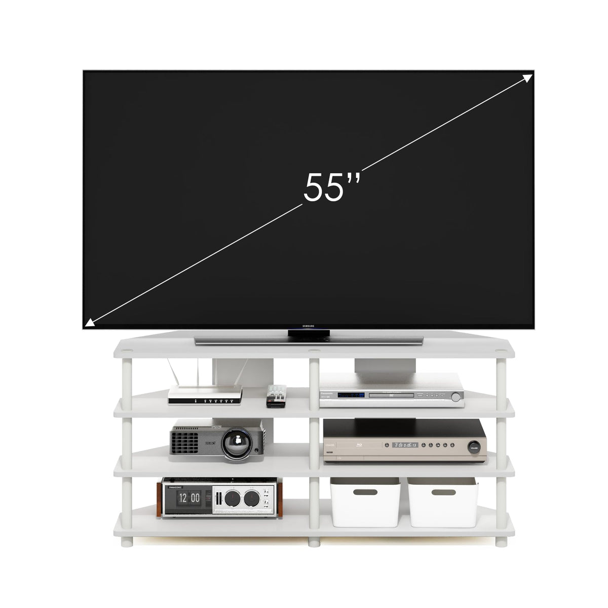 Furinno ECON TV Stand, 4-Tier Corner Entertainment Center, TV Console for TV up to 55 Inch, Easy Assembly, for Living Room, Bedroom, White