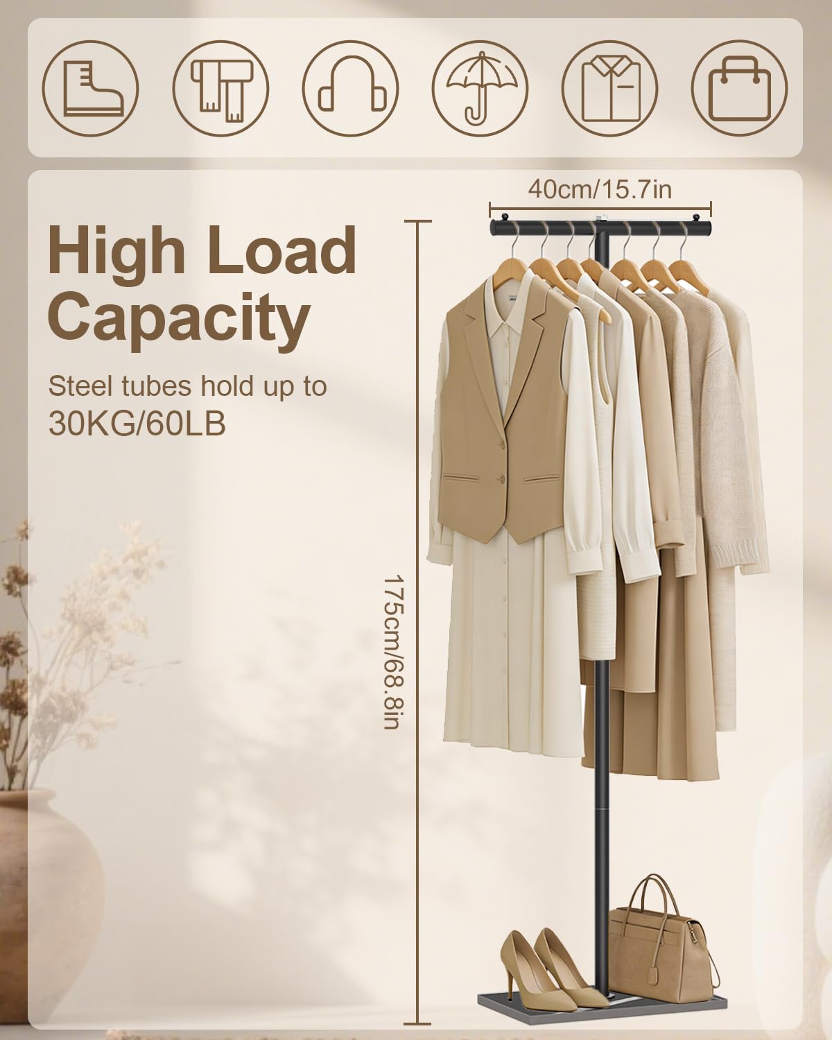 GUOHNHE T-shaped Coat Rack Freestanding, Metal Hanger, Black, 175 cm High