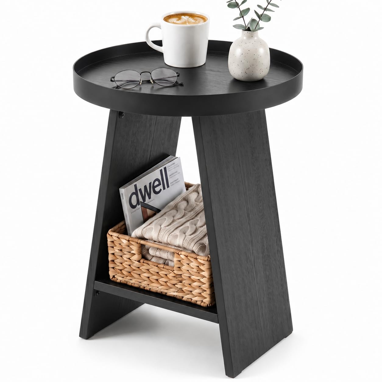 ZEXVIDA 2-Tier Round End Table with 17.7 inch Tray Top, Black