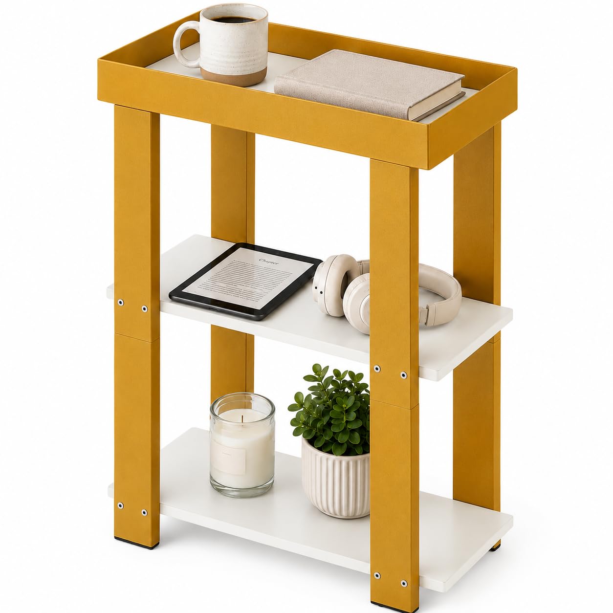 ZEXVIDA 3-Tier Narrow Side Table with Tray Top, Slim Side Table, White&Gold
