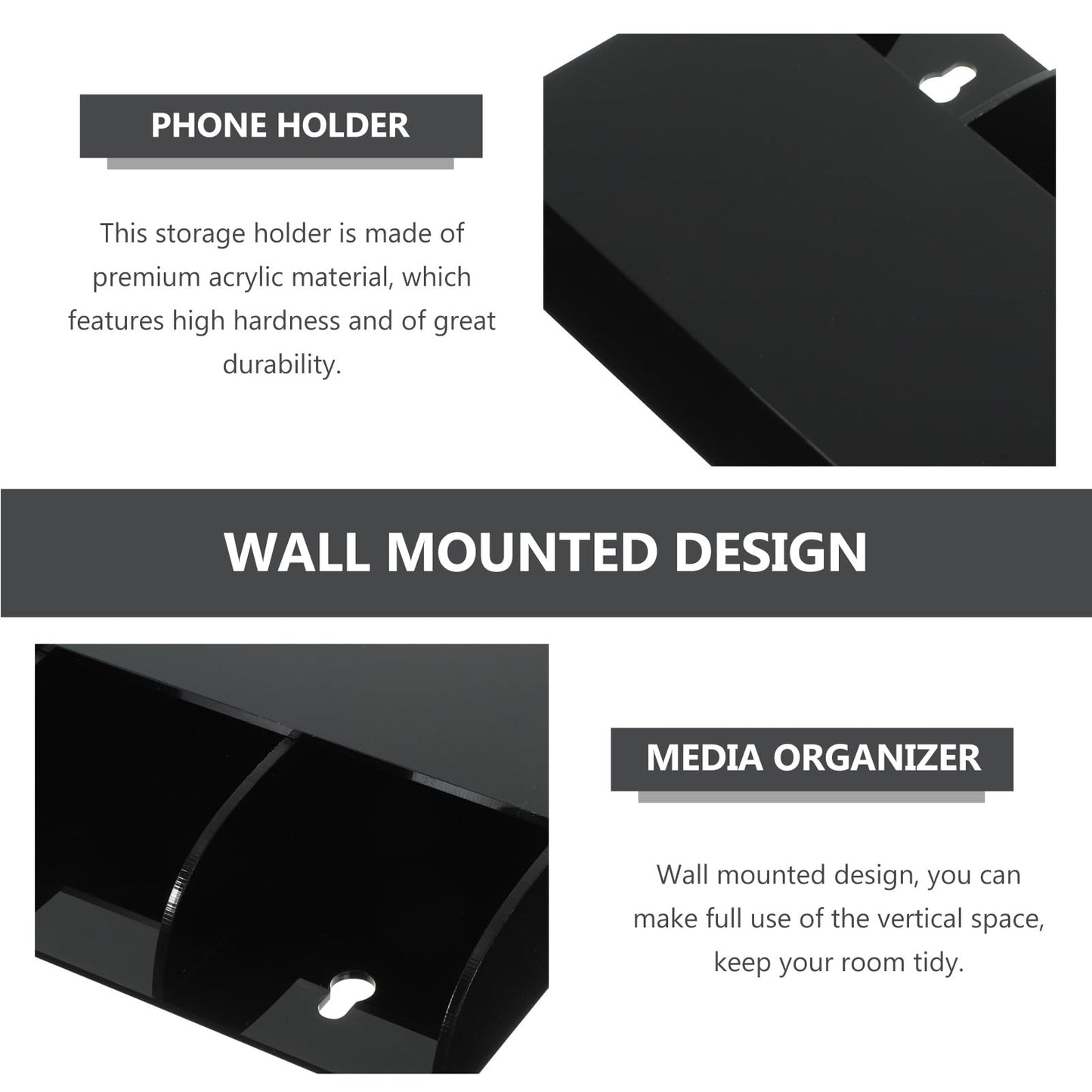 jojofuny 3 Slot Remote Control Holder Wall Mounted, Black Acrylic TV Organiser, Self Adhesive Media Storage for Controller Phone Pen