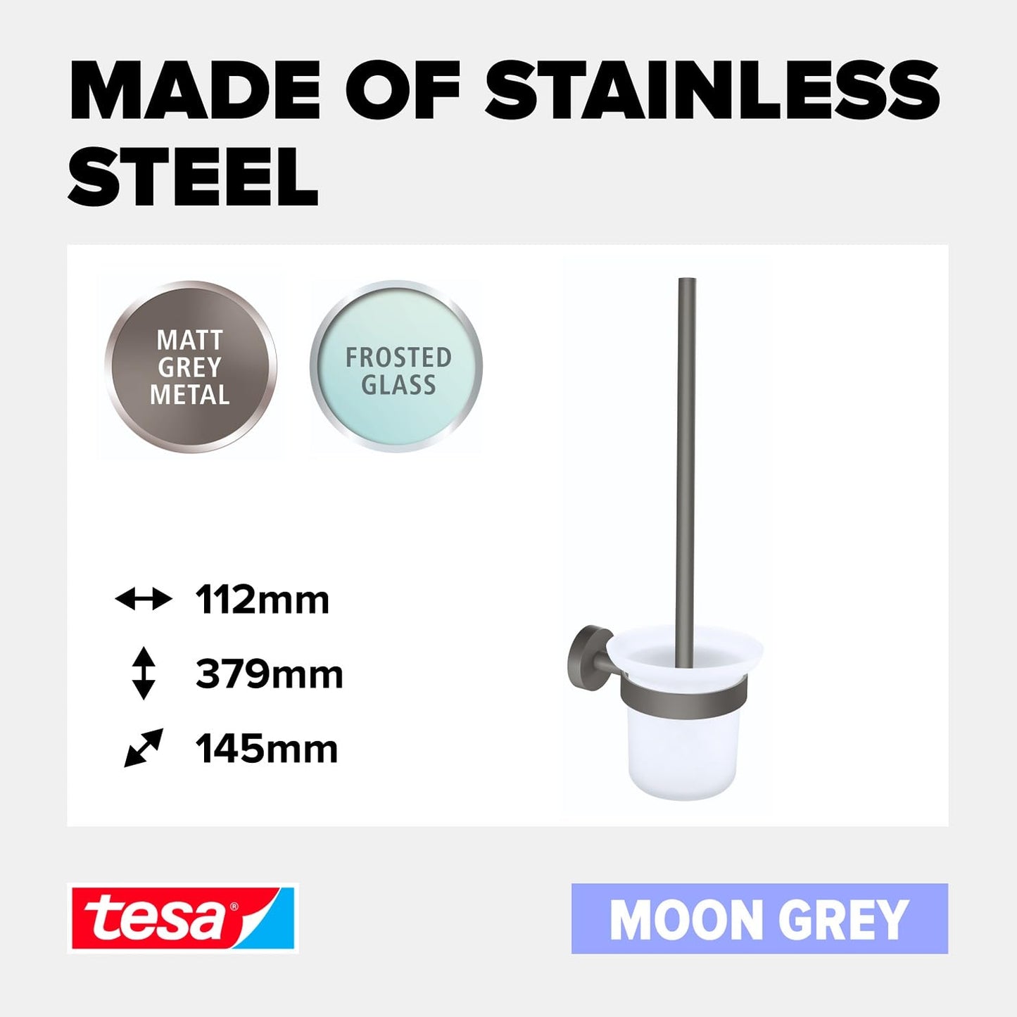 tesa MOON GREY Toilet Brush Set, with holder and toilet brush, matt grey, satin glass - for industrial style and modern bathrooms - drill-free
