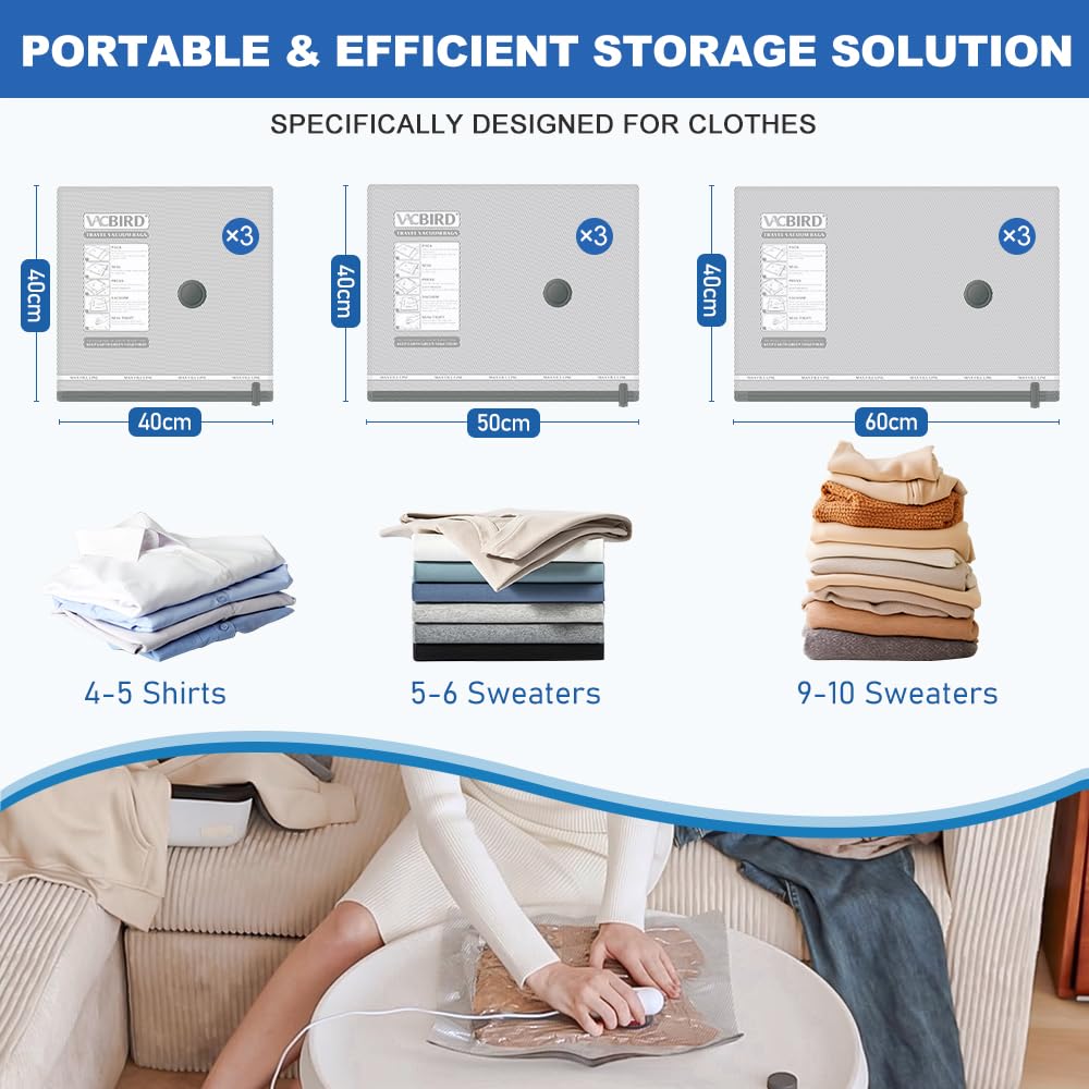 Vacbird Vacuum Storage Bags with Electric Pumps for Travel, 9 Pack