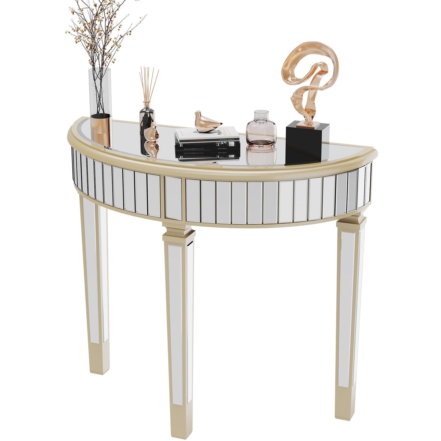Artloge Half Moon Console Table Mirrored : Silver Hallway Table 90 x 35 x 80.5cm Aesthetic Elegant Glass Console Tables with Sturdy Square Column Leg