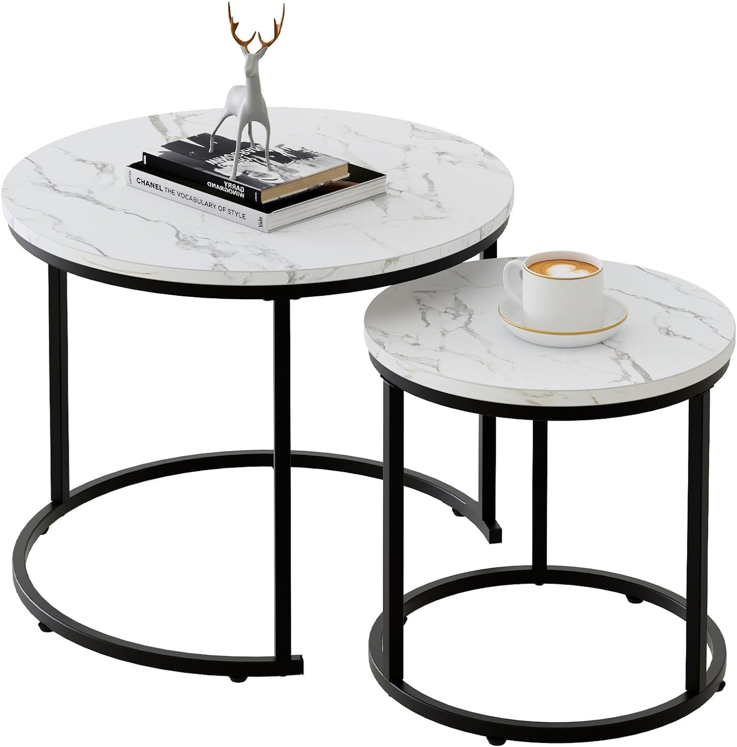 Garden 4 you Coffee Table,Round Nest of Tables Set of 2 for Living Room,Marble Center Tea Table with Metal Frame,End Side table for Small