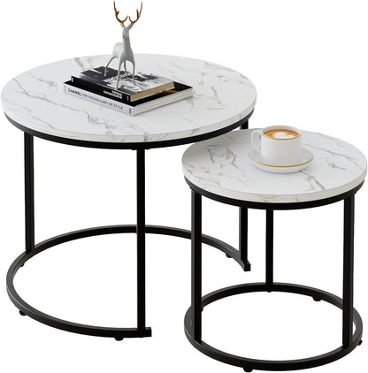 Garden 4 you Coffee Table,Round Nest of Tables Set of 2 for Living Room,Marble Center Tea Table with Metal Frame,End Side table for Small