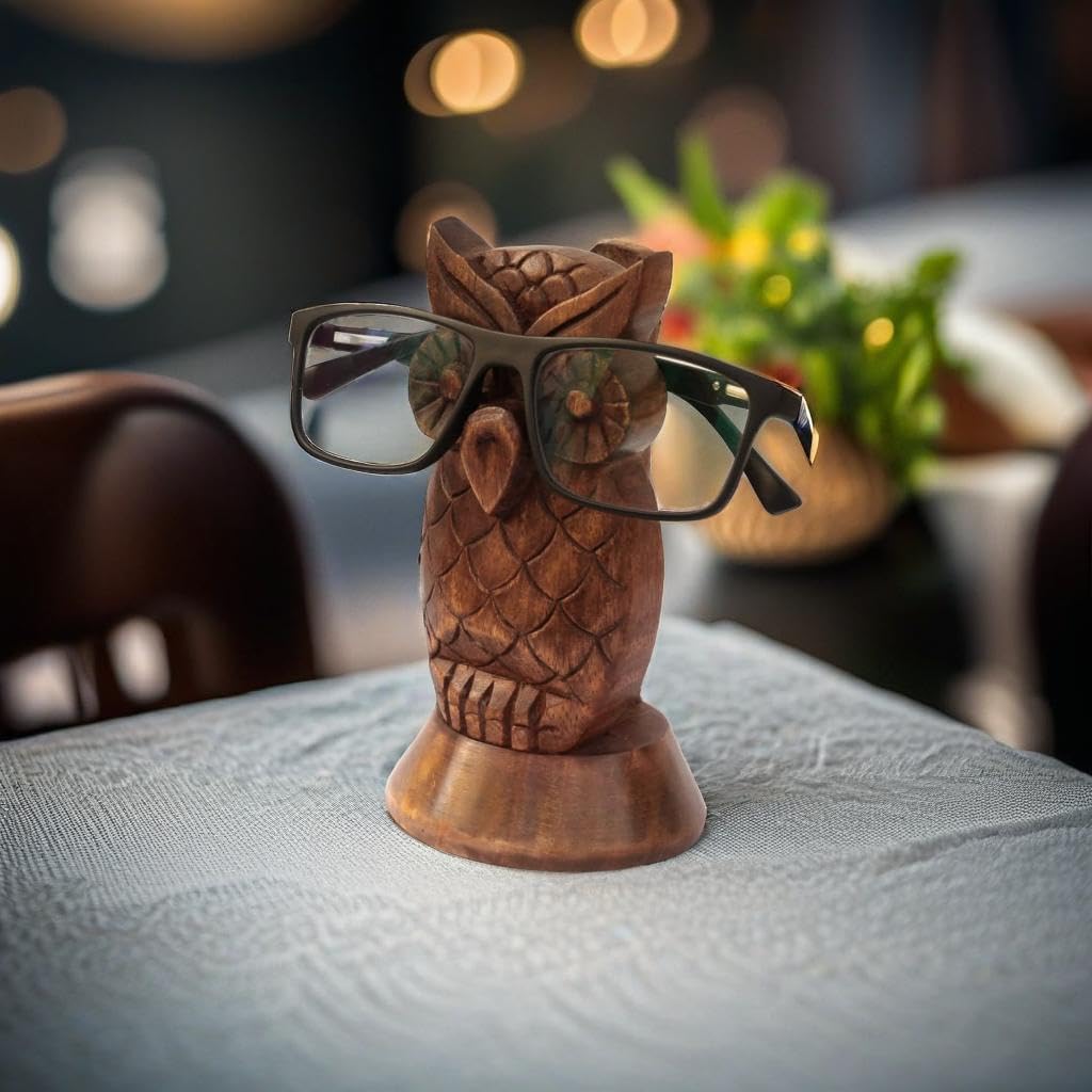 Ajuny Handcrafted Wooden Eyeglass Spectacle Holder - Handmade Owl Design Eyewear Wood Display Stand
