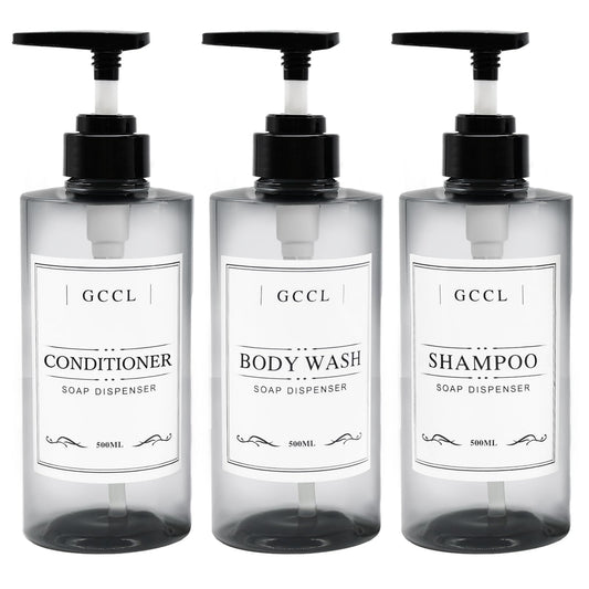 3 Pack Refillable Shampoo and Conditioner Dispenser - 500ml Plastic Empty Soap Dispenser for Shower Gel, Reusable Body Wash Liquid Bottle Pump