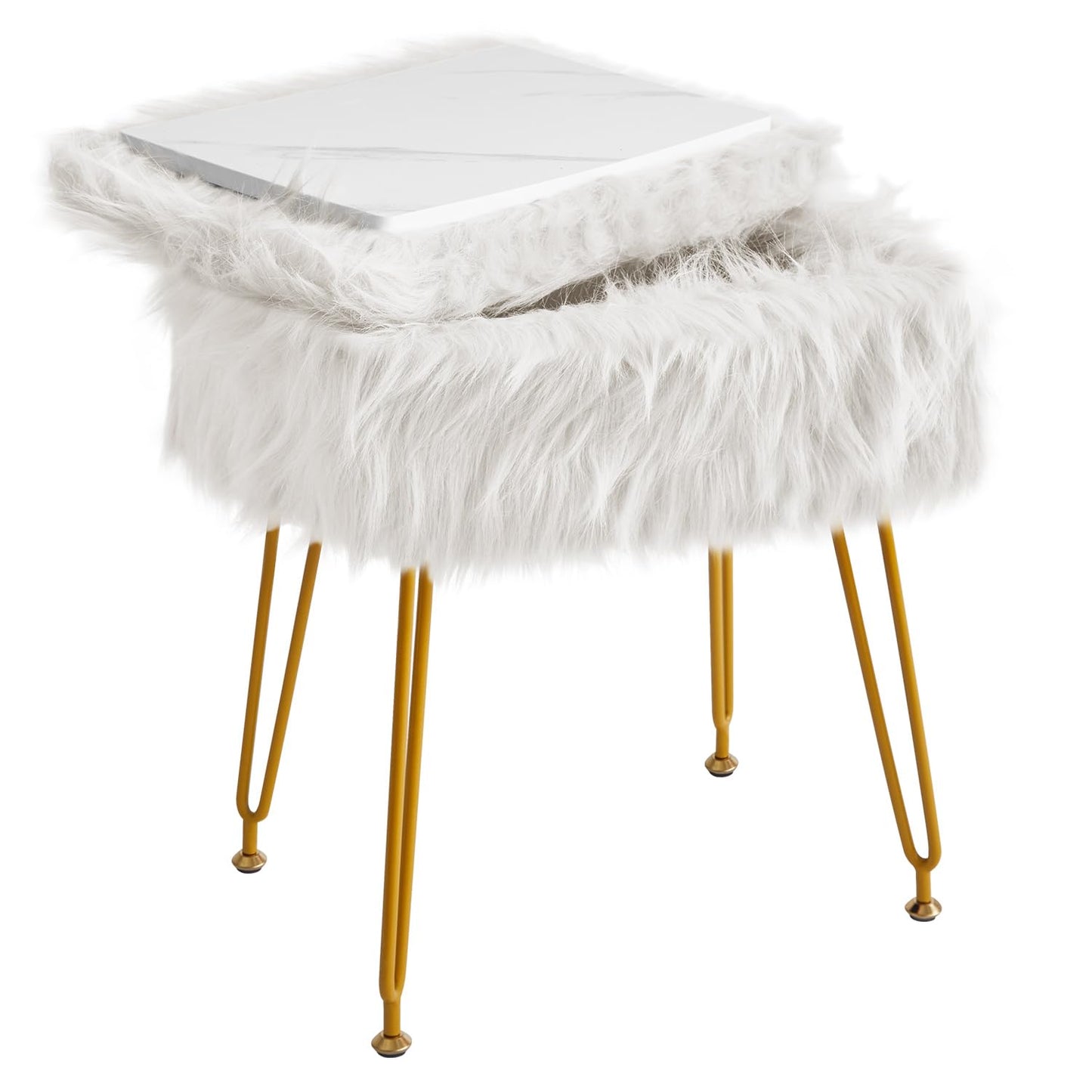 IBUYKE Rectangular Faux Fur Vanity Stool with Storage, White WBD022W