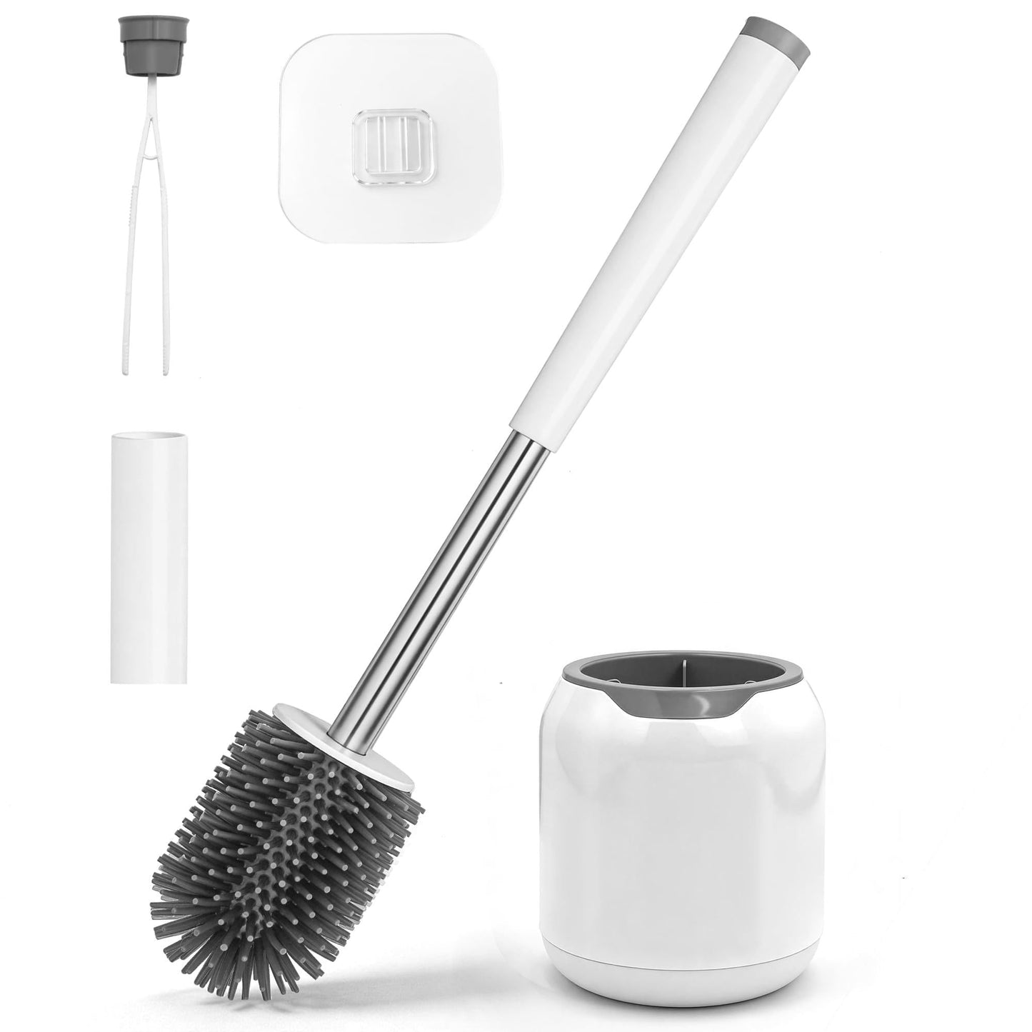 TidyBliss Silicone Toilet Brush and Holder Set, Wall-Mounted Compact Rubber Bathroom Bowl Cleaning Kit with Tweezers for RV Camper Bathtub Sink Wash