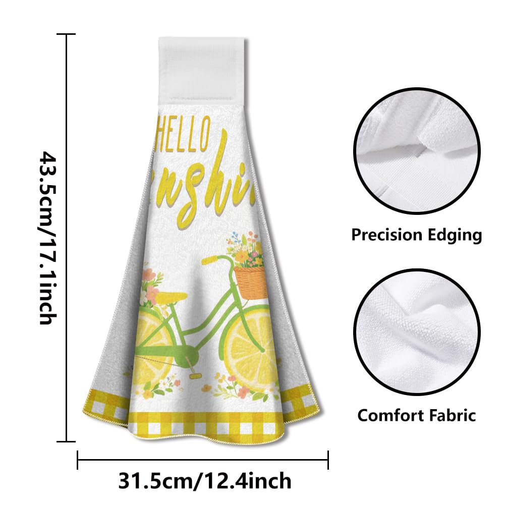 WADORN 2Pcs Lemon Bicycle Flowers Hand Towels with Hanging Loop, Soft Absorbent Bicycle Kitchen Towels Farmhouse Summer Decor Dish Cloths Set for