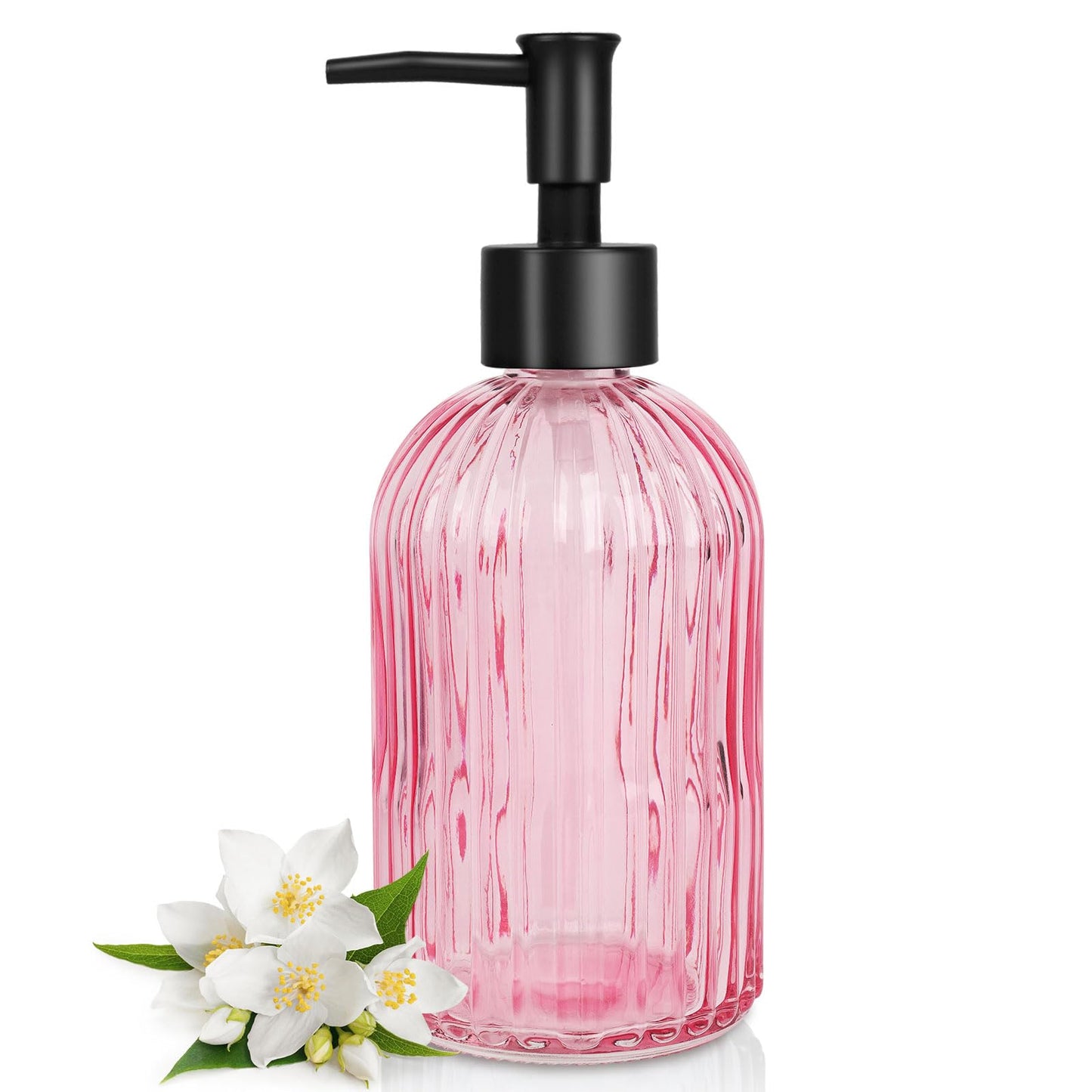 Topsky Glass Soap Dispenser with Black Rustproof Plastic Pump, 400ml Pink