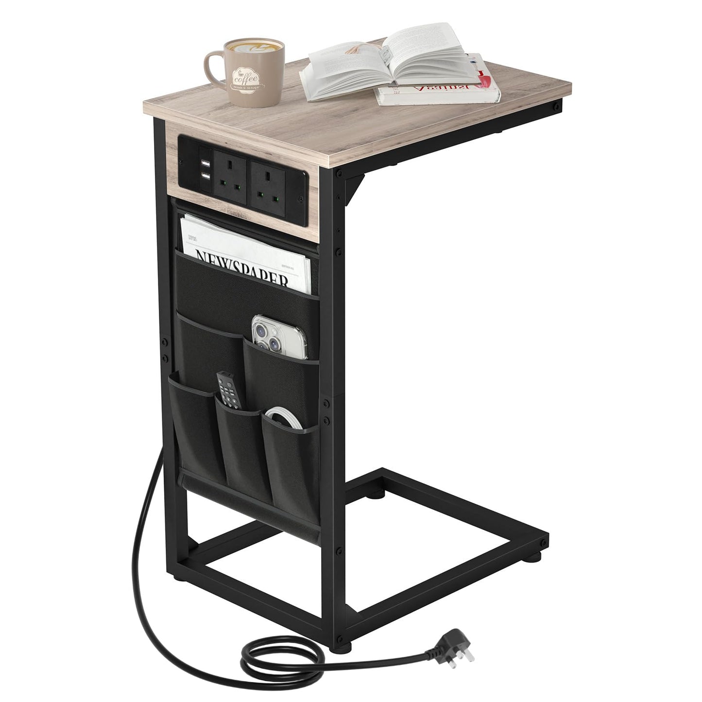 AMHANCIBLE C-Shaped Side Table, Side Table with Charging Station