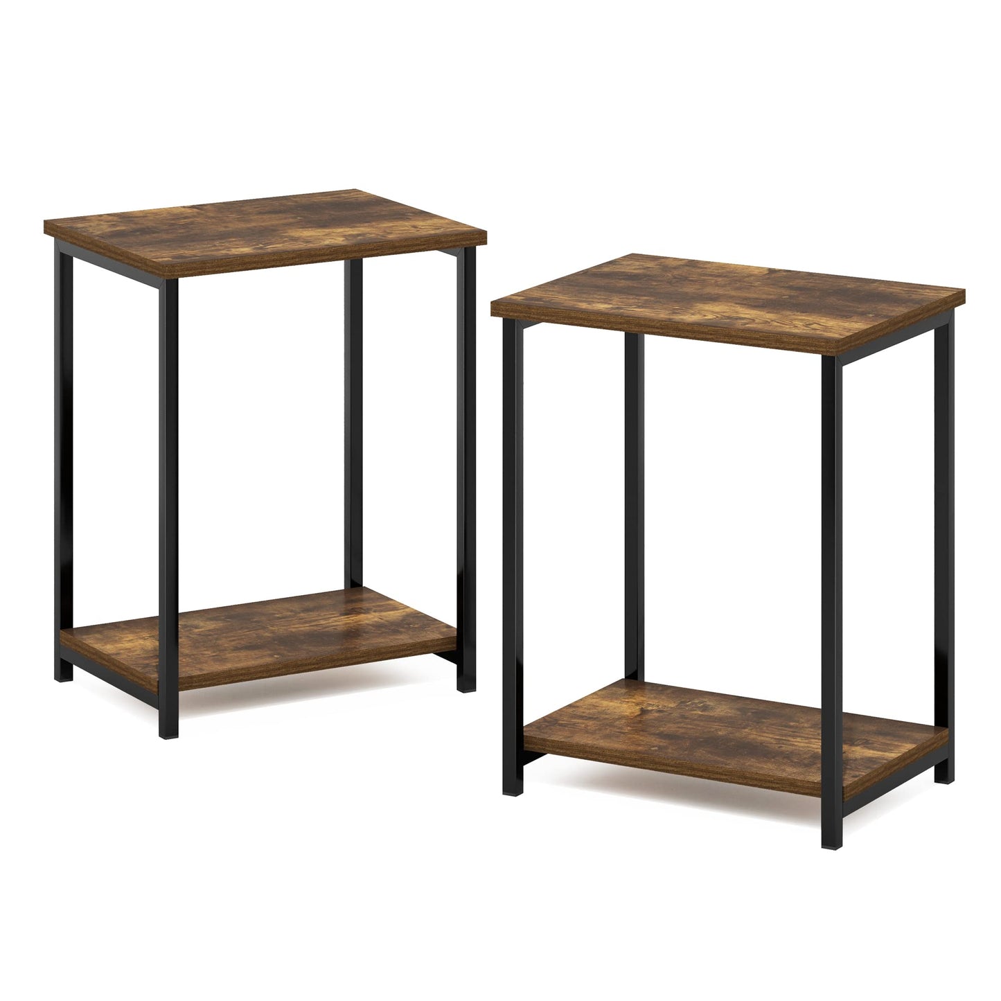 Furinno SIMPLISTIC Side Table Set of 2, 2-Tier Metal Frame End Table with Open Shelf, Night Stand, Bedside Table, for Living Room, Bedroom, Amber Pine