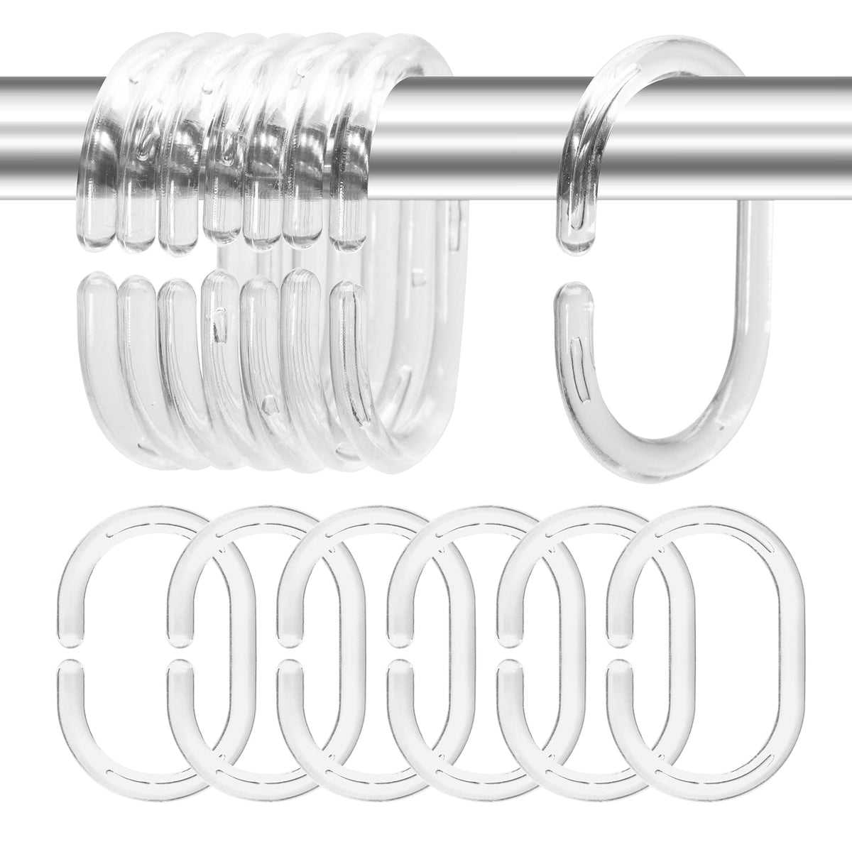 Plastic Shower Curtain Rings Hooks for Bathroom Shower Window Rod 24 Pack Clear