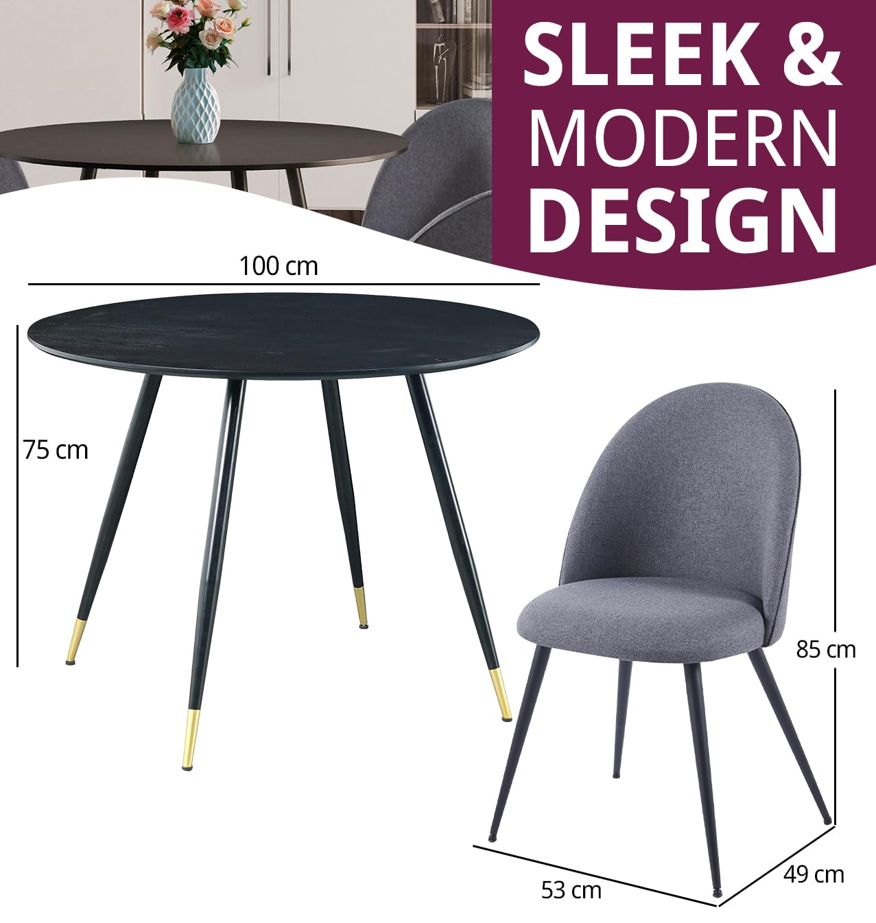 Hallowood Furniture Finley Round Kitchen Table and Chairs Set 4, Black/Grey