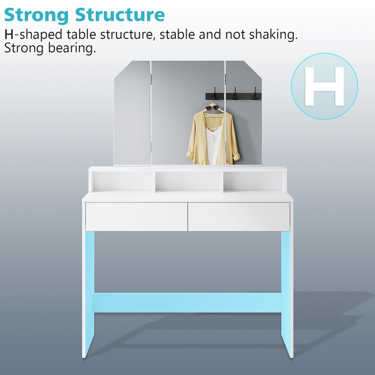ELEGANT Dressing Table with180° Tri-fold Mirror & 2 Drawers, 100x40x142cm
