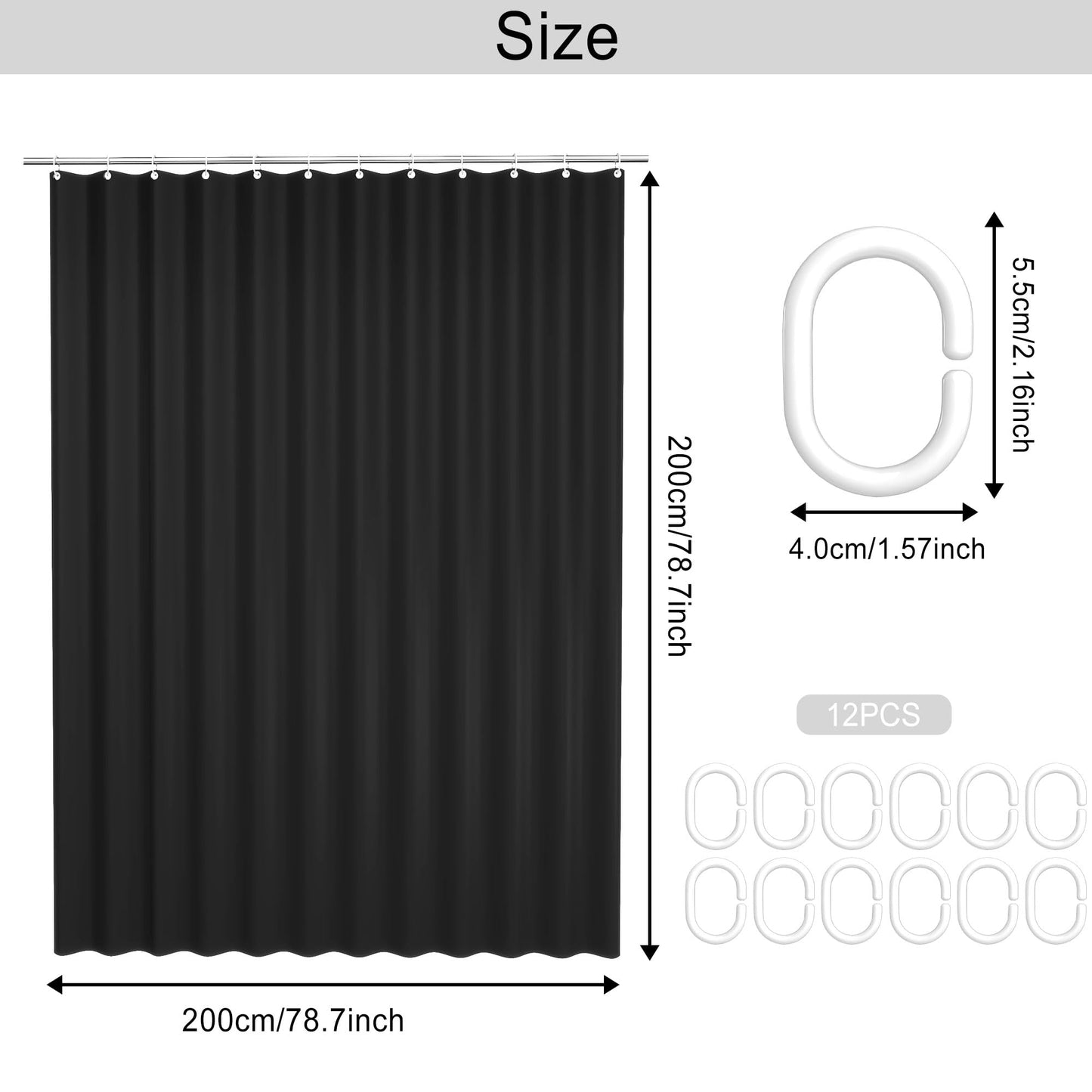 AwmnSrman Black Shower Curtains - Shower Curtains for Bathroom with 12 Shower Curtain Hooks