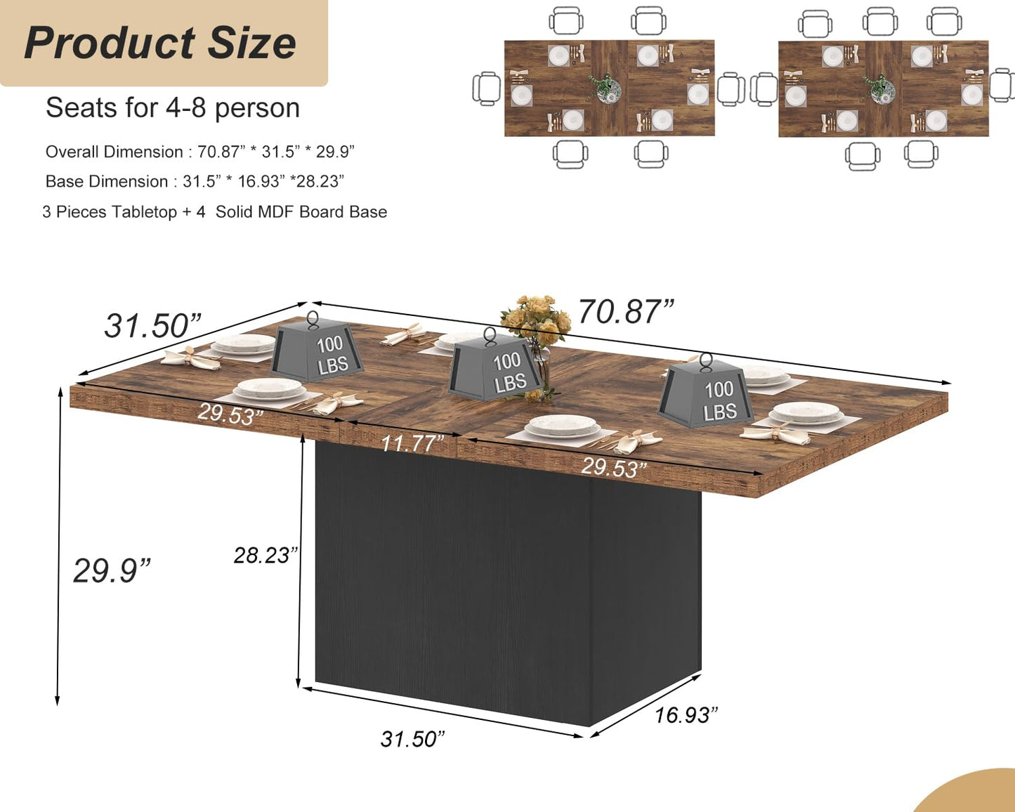 HSH Dining Table Modern Rectangle Kitchen Dinner Table 180cm Rustic Brown