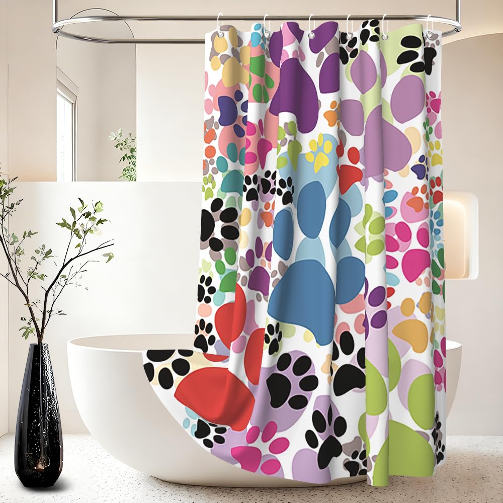 Xiaoterna Dog Paws Shower Curtain Cute Dog Pet Paws Animal Lover Claw Footprint Bathroom Curtain Colorful Cartoon Dog Cat Paw Mould and Mildew
