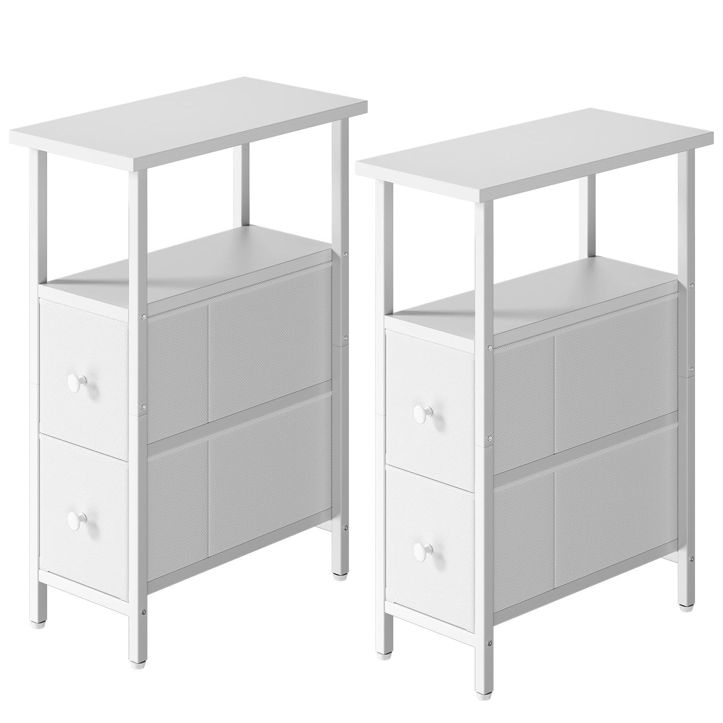 YMYNY Narrow Side Table Set of 2, Slim Bedside Table with 2 Fabric Drawers, Nightstand for Small Spaces
