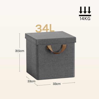 WOLTU Fabric Storage Boxes Set of 5, Folding Baskets with Lids, Handles, Metal Frame, Wardrobe Toy Organisers for Living Room, Bedroom, Office, Grey