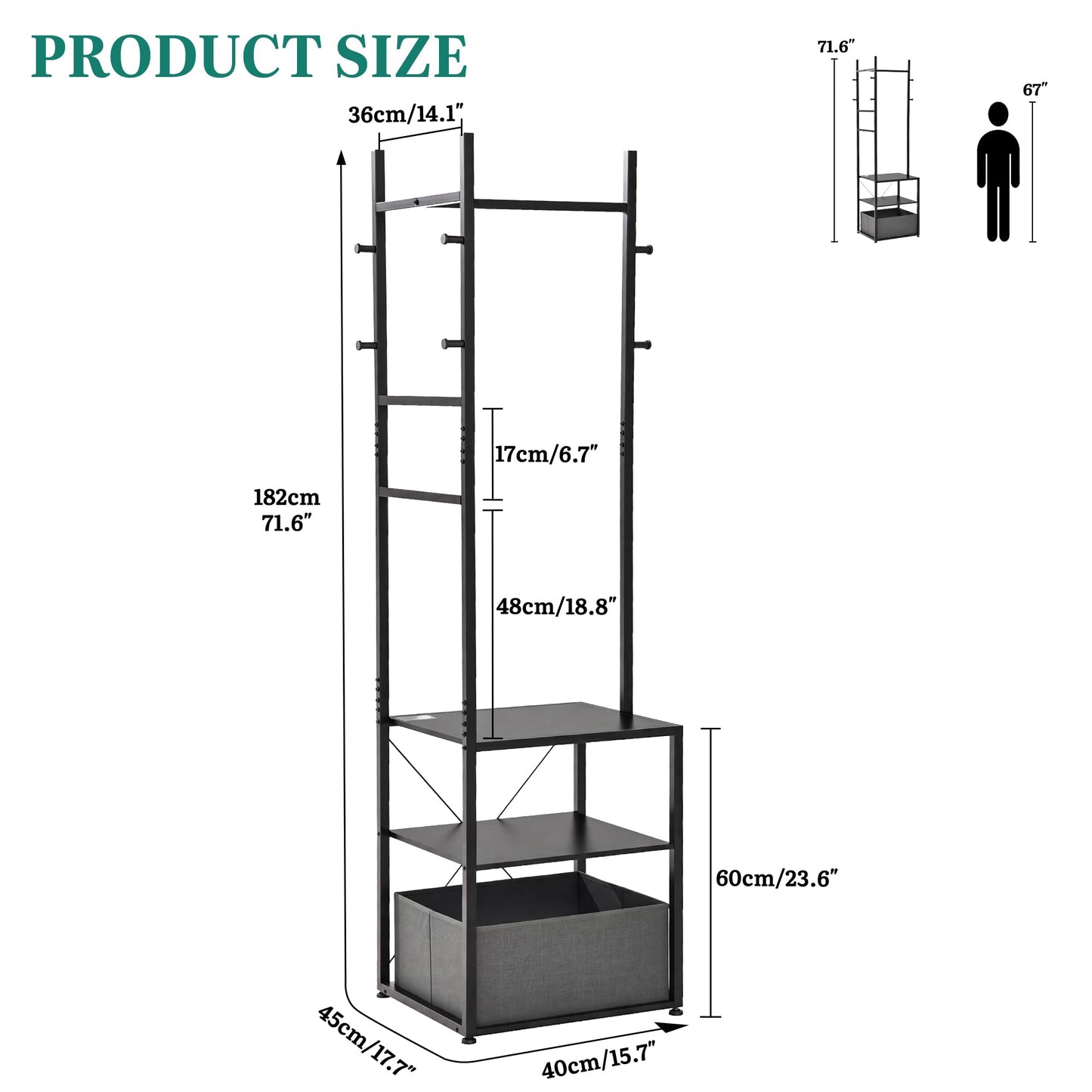 YITAHOME Coat Stand, Clothes Rack Hall Tree with Shelves & Hooks, Grey