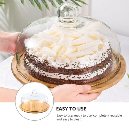 VOSAREA Cake Tray with Glass Dome Stand - Wooden Cake Plate Serving Platter Holder for Birthday Wedding Party (Clear, 29cm)