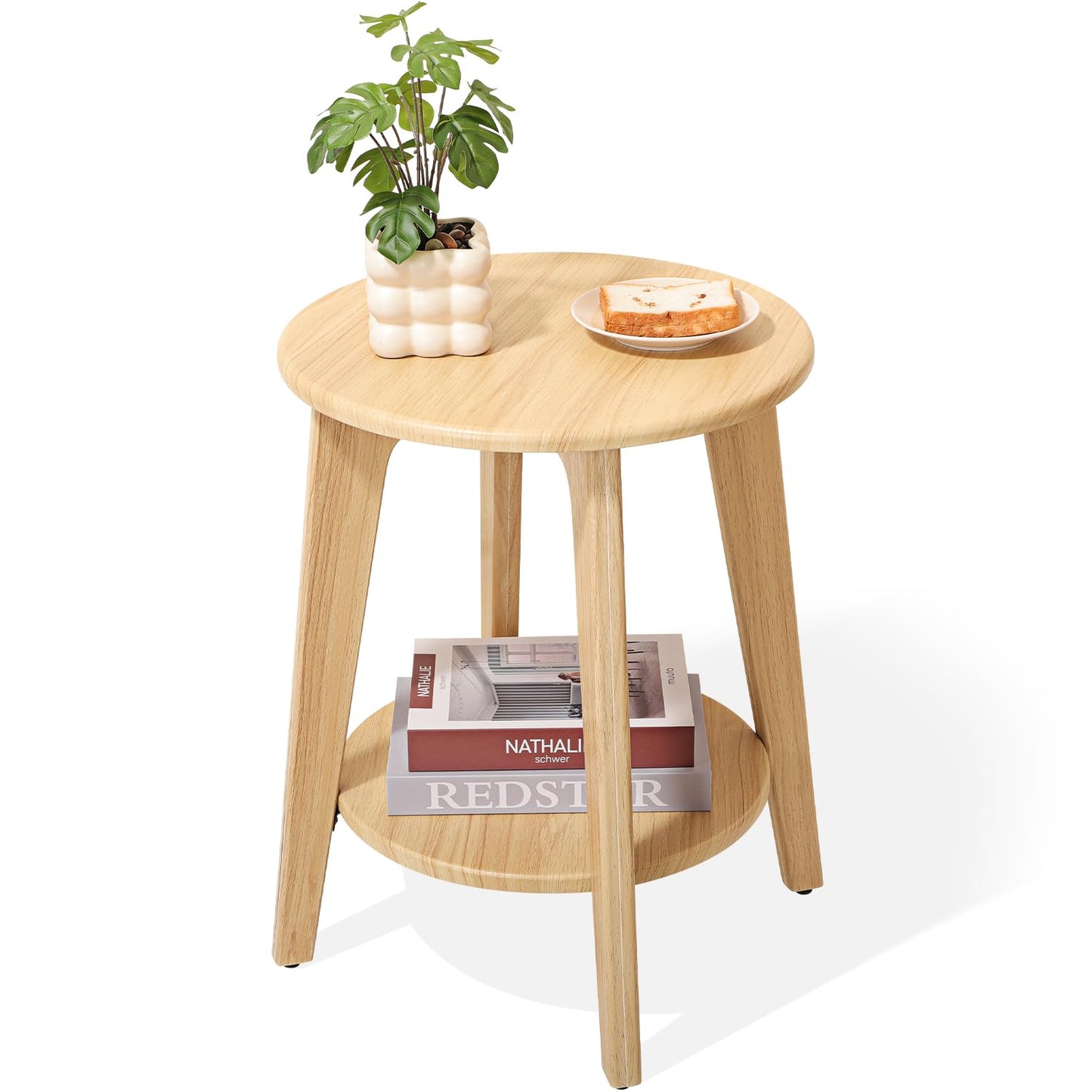 FEUFOAM End Table Small Round Side Table with 2 Storage Shelves Beige End Tables Accent Sofa Bedside Table Modern Night Stand for Living Room Bedroom